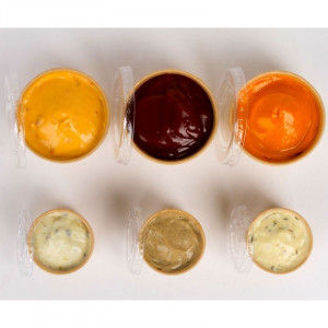 Kansi PET-materiaalista kastikepurkille kartonkikotelossa 60 ml - 50 kpl erä